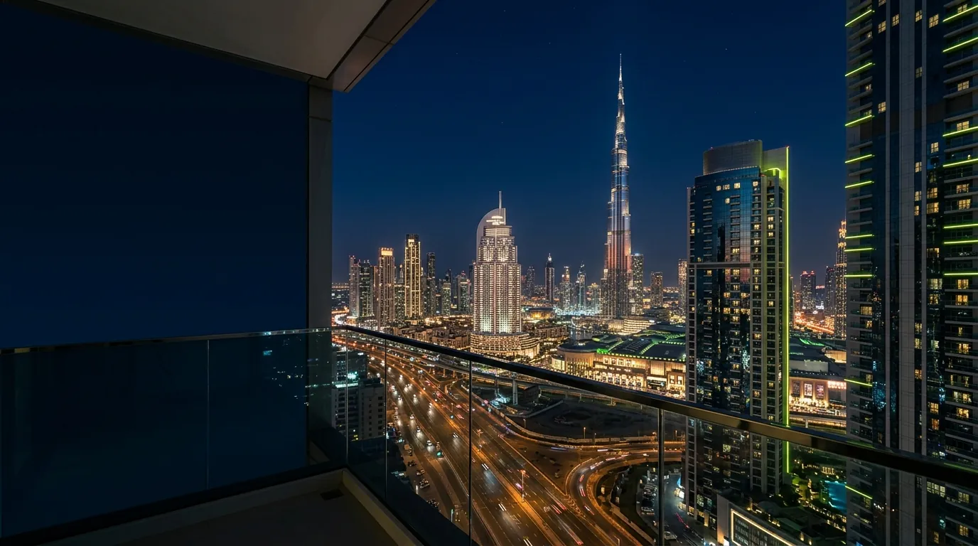 Dubai skyline across the water at sunset